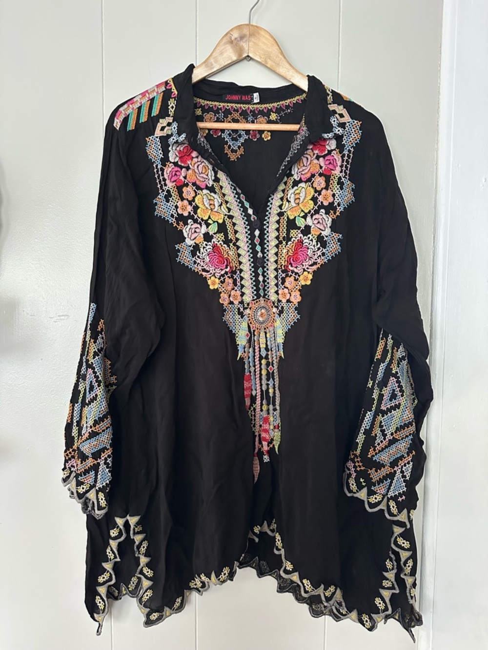 Johnny Was Black Tunic with Multicolor Floral Embroidery XL